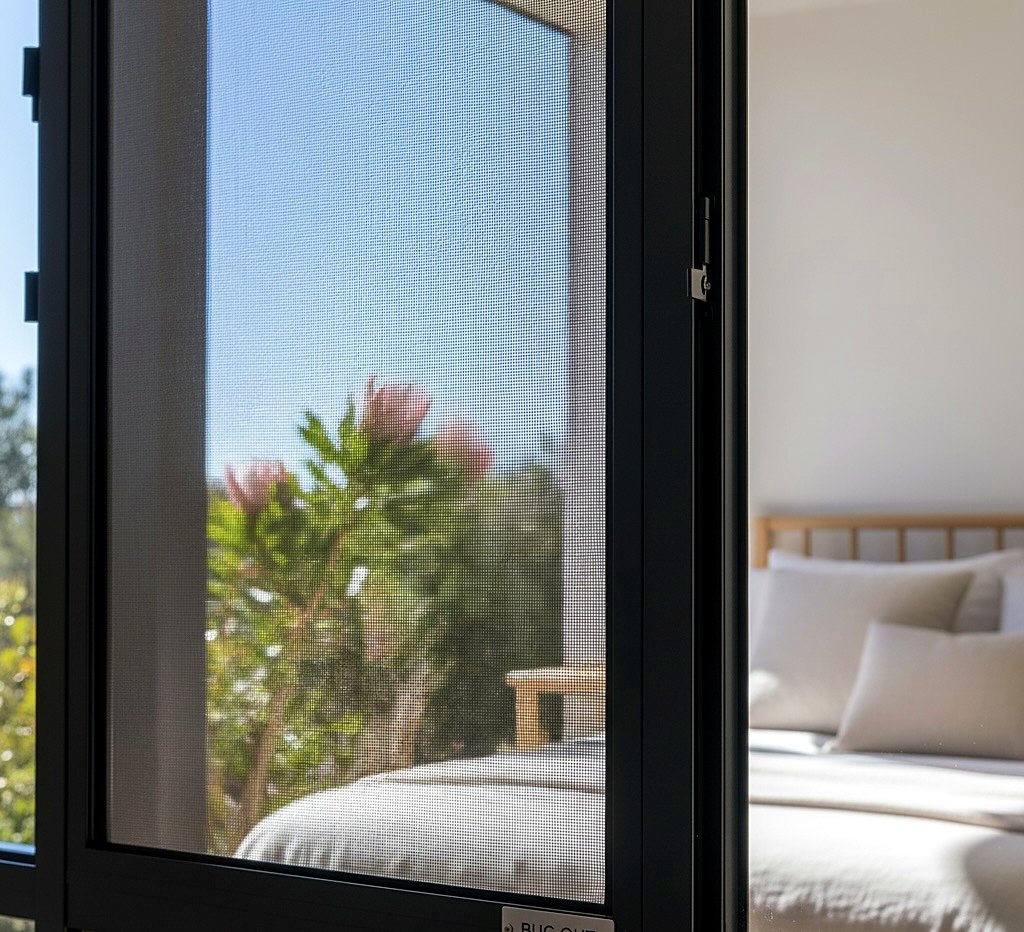 Close-up of fine security screen mesh with a protea in the foreground