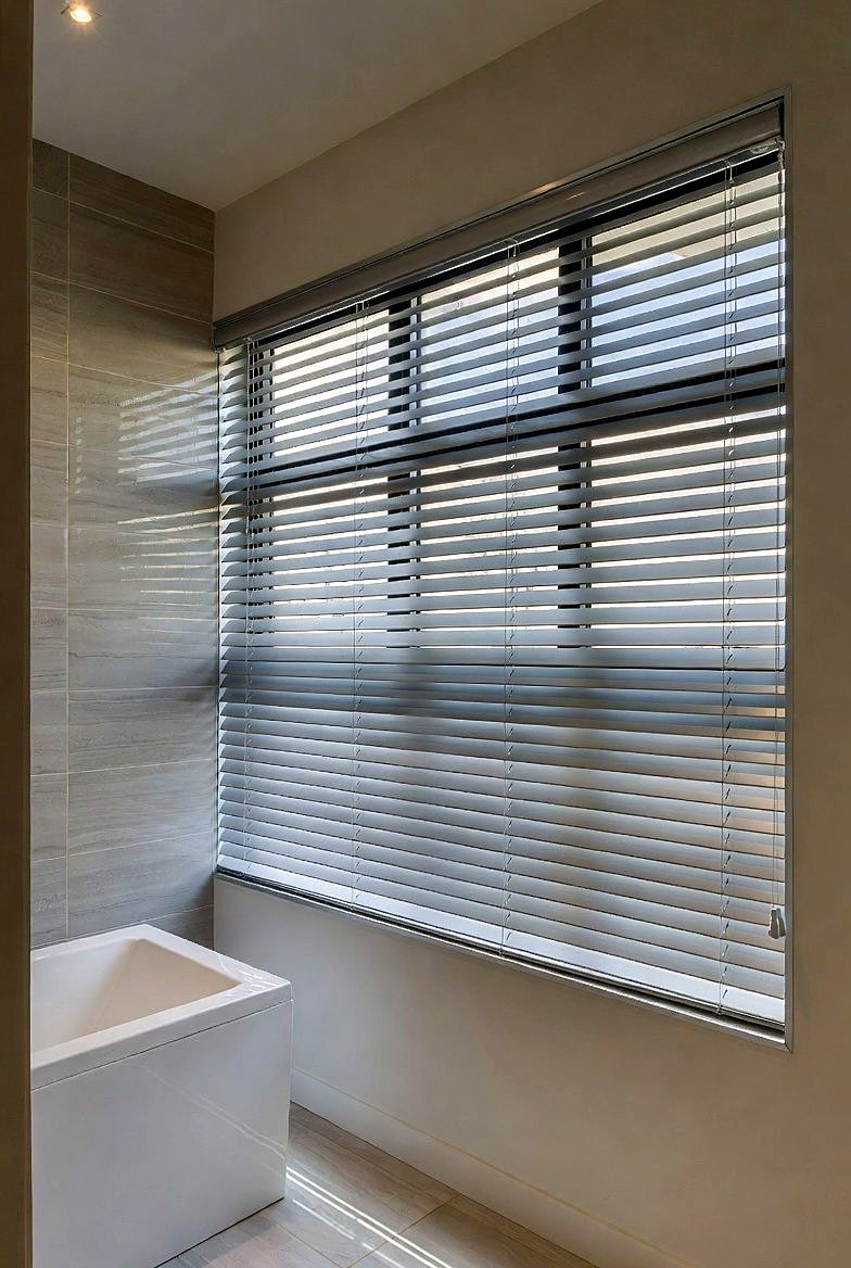 Grey venetian blind in an elegant Knysna bathroom