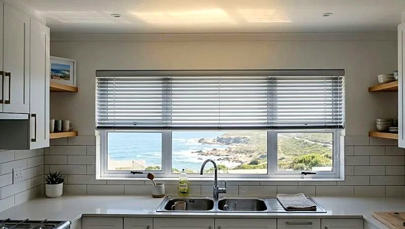 Aluminium venetian blind in a coastal kitchen window with a sea view