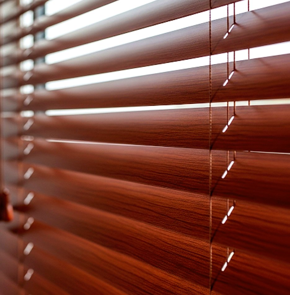 Close-up of dark walnut faux-wood venetian blind slats